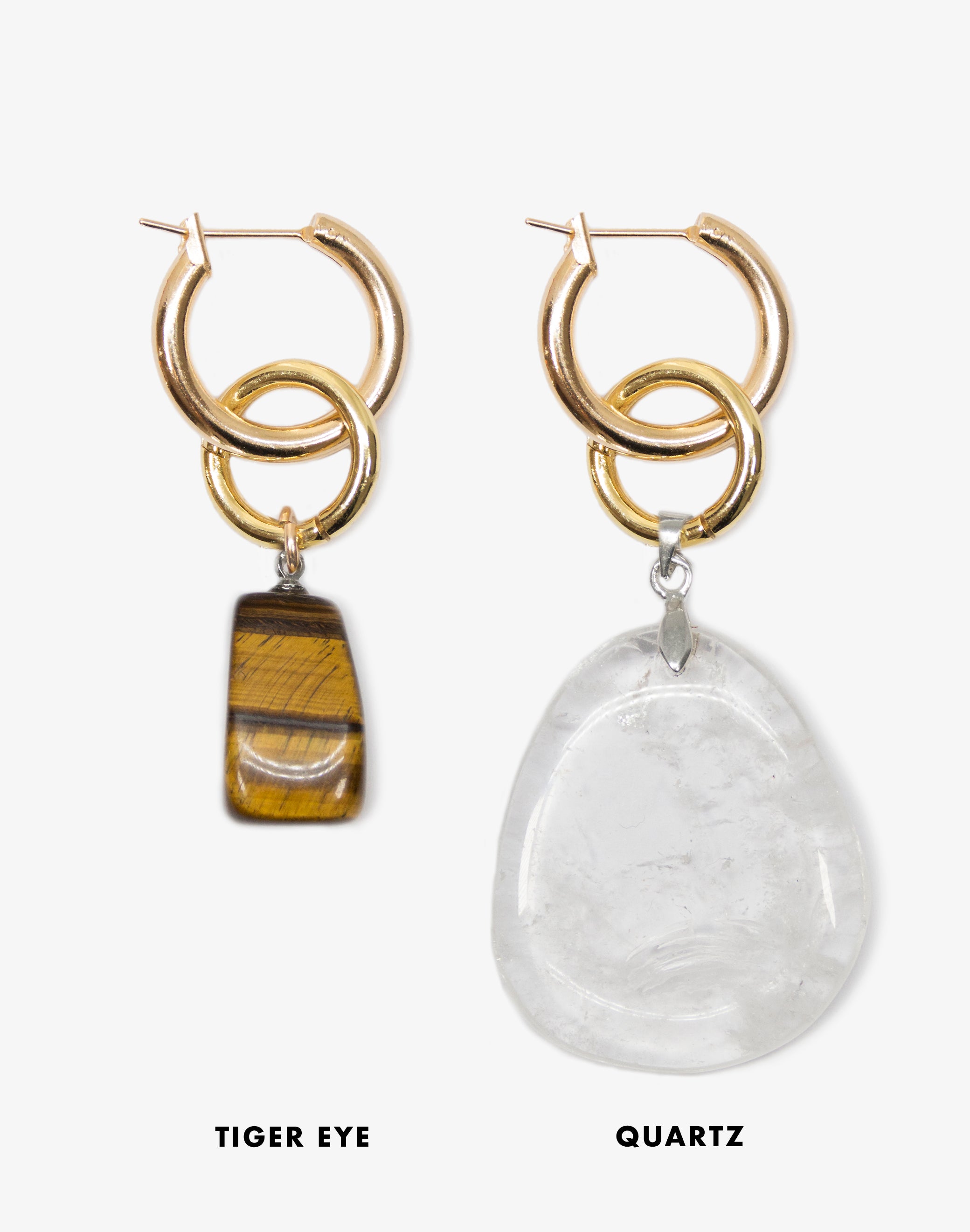 gold hoop earrings with Tiger Eye Quartz stone in Brooklyn New York designer jewelry by llayers interchangeable men women Swing