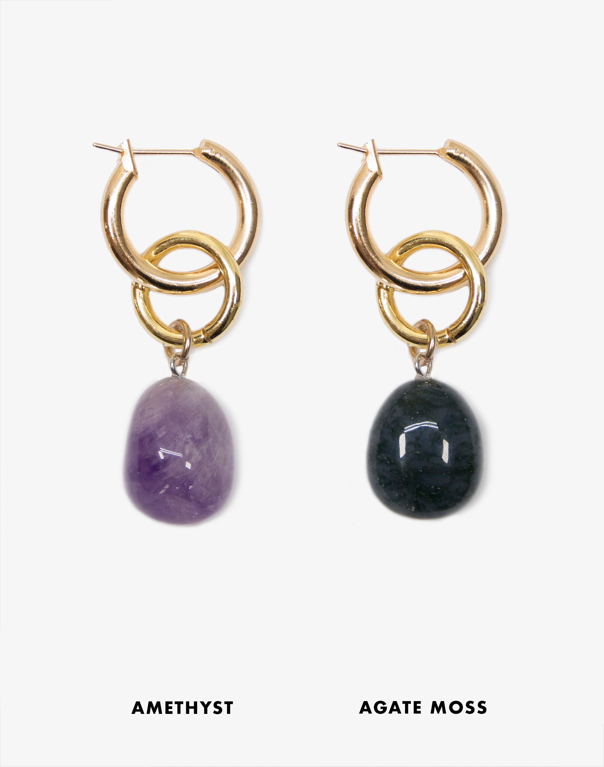 gold hoop earrings with Amethyst stone in Brooklyn New York jewelry by llayers interchangeable men women Swing