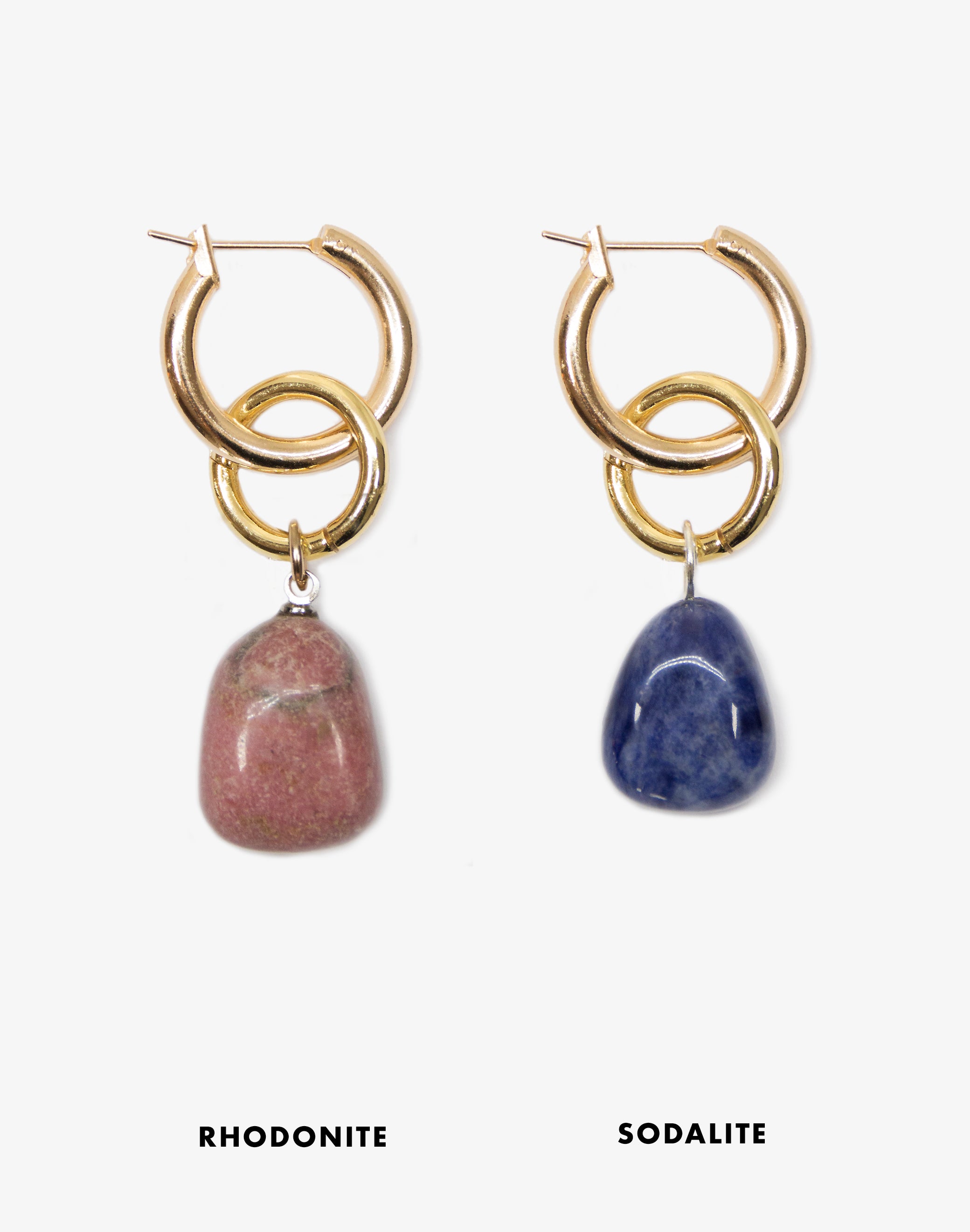 gold hoop earrings with Rhodonite Sodalite stone in Brooklyn New York designer jewelry by llayers interchangeable men women Swing