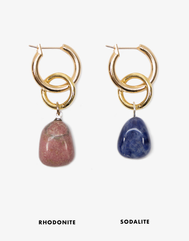 gold hoop earrings with Rhodonite Sodalite stone in Brooklyn New York designer jewelry by llayers interchangeable men women Swing