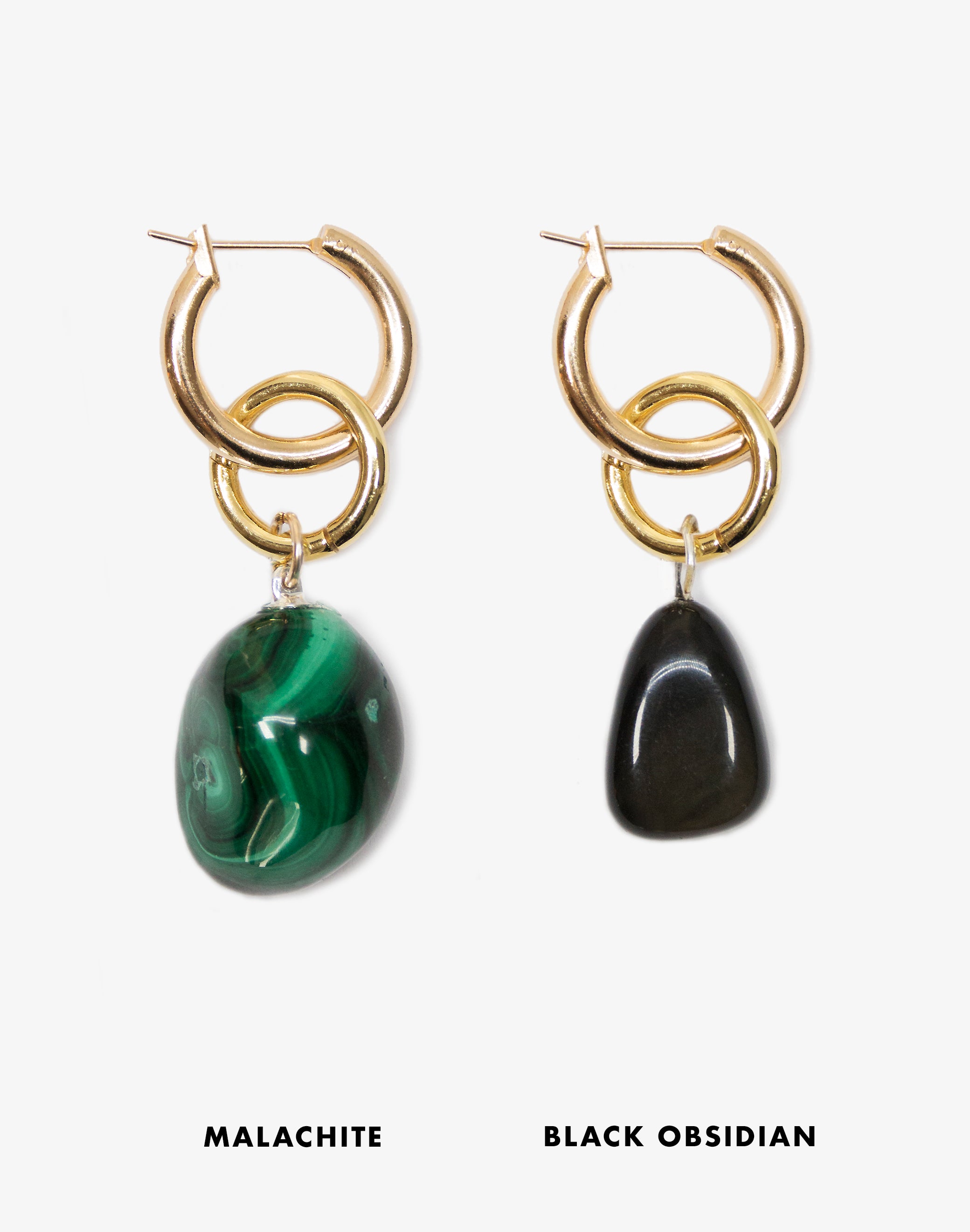 gold hoop earrings with black obsidian stone in Brooklyn New York designer jewelry by llayers interchangeable men women Swing