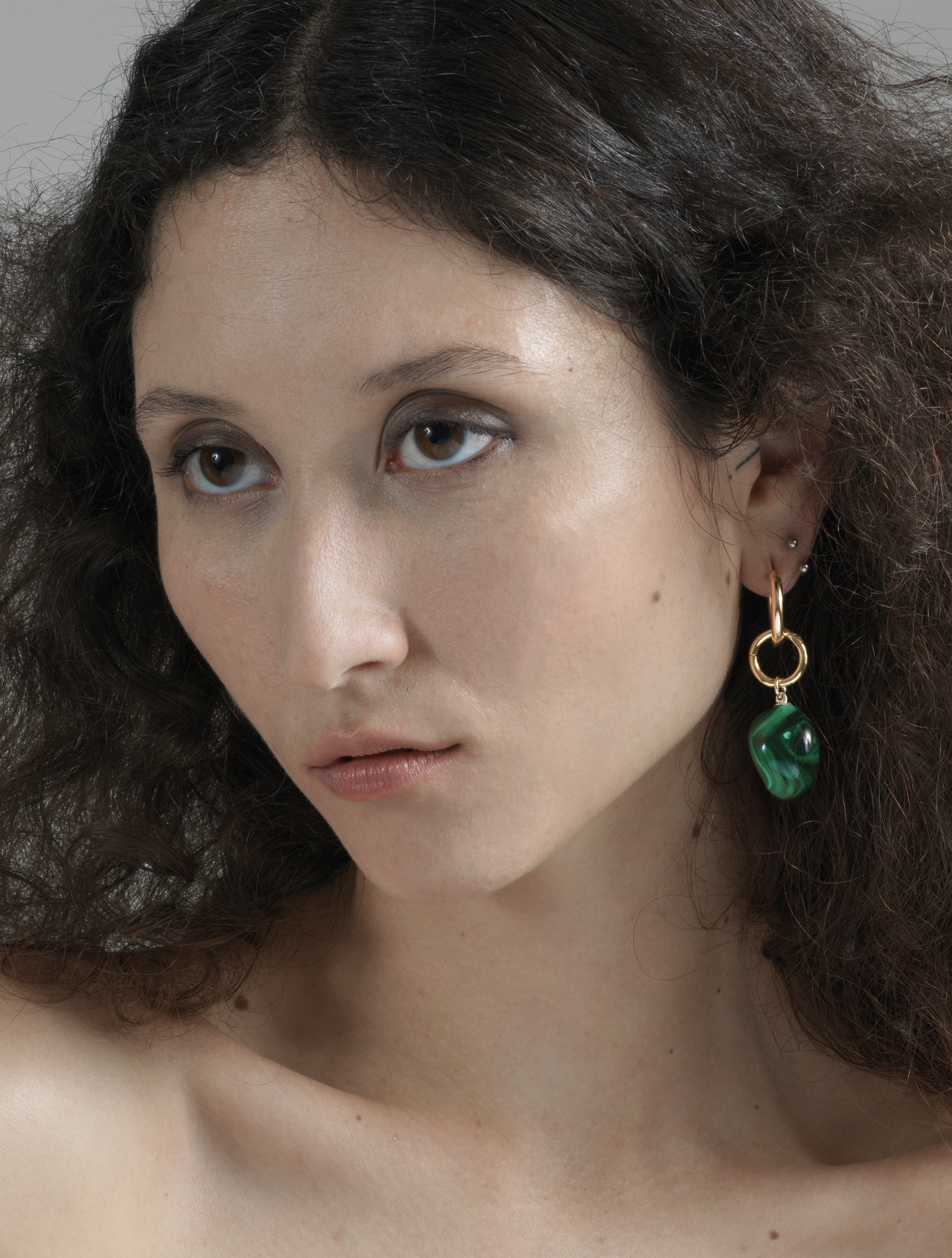 gold hoop with Malachite stone earring in Brooklyn New York jewelry by llayers interchangeable men women Swing
