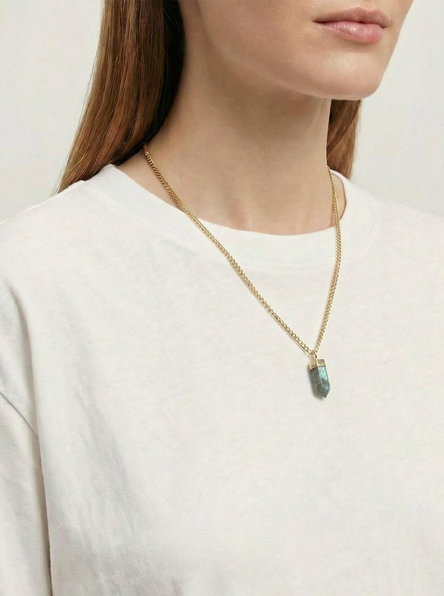 Gold Labradorite point pendant necklace. Charms and healing crystal stones jewelry, made in Brooklyn New York by llayers.