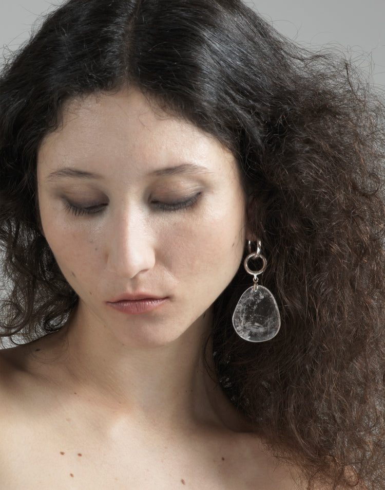 llayers Silver quartz hoops earrings Made in Brooklyn New York