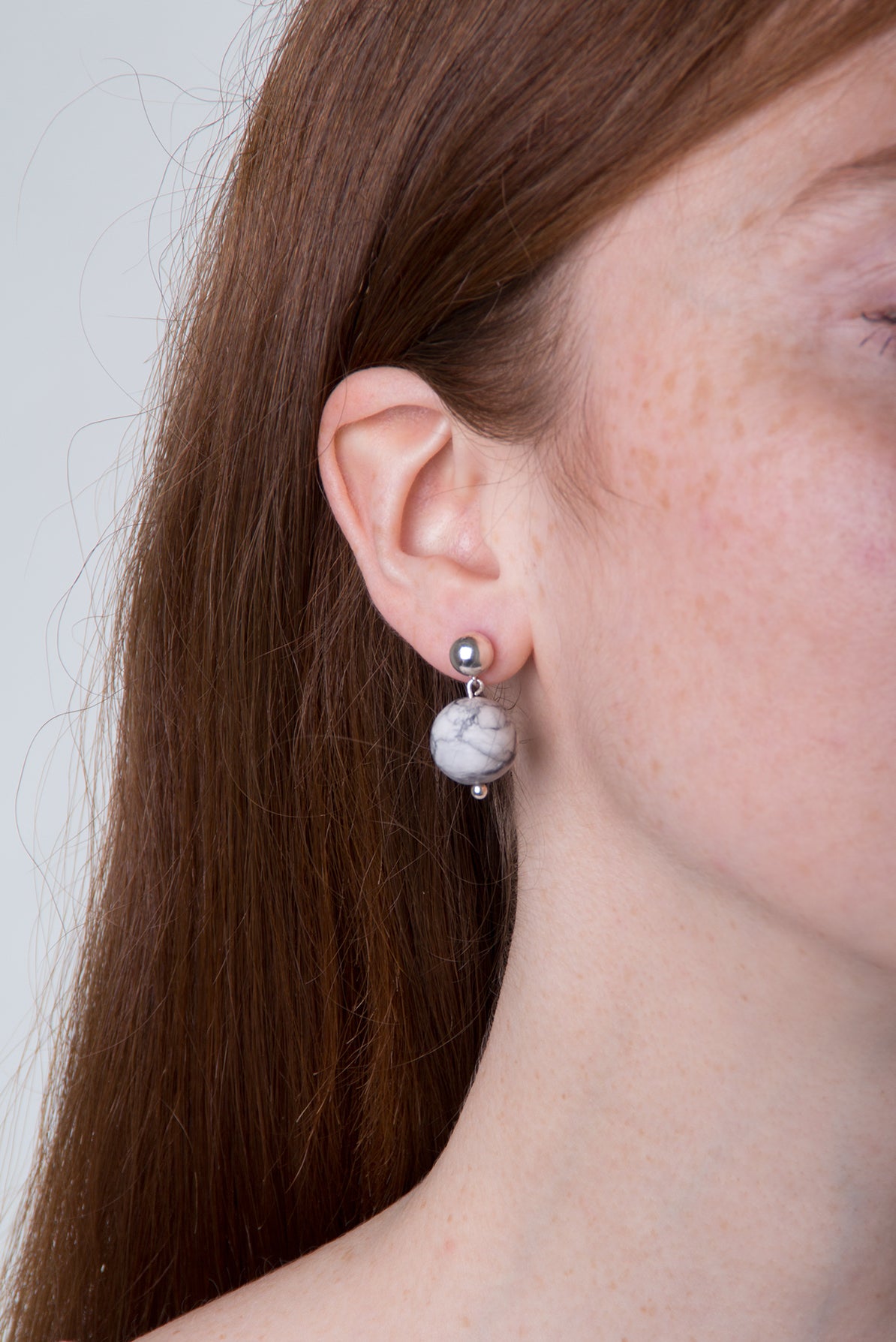 llayers jewelry silver marble howlite stone earrings orbit made in new york brookyln 