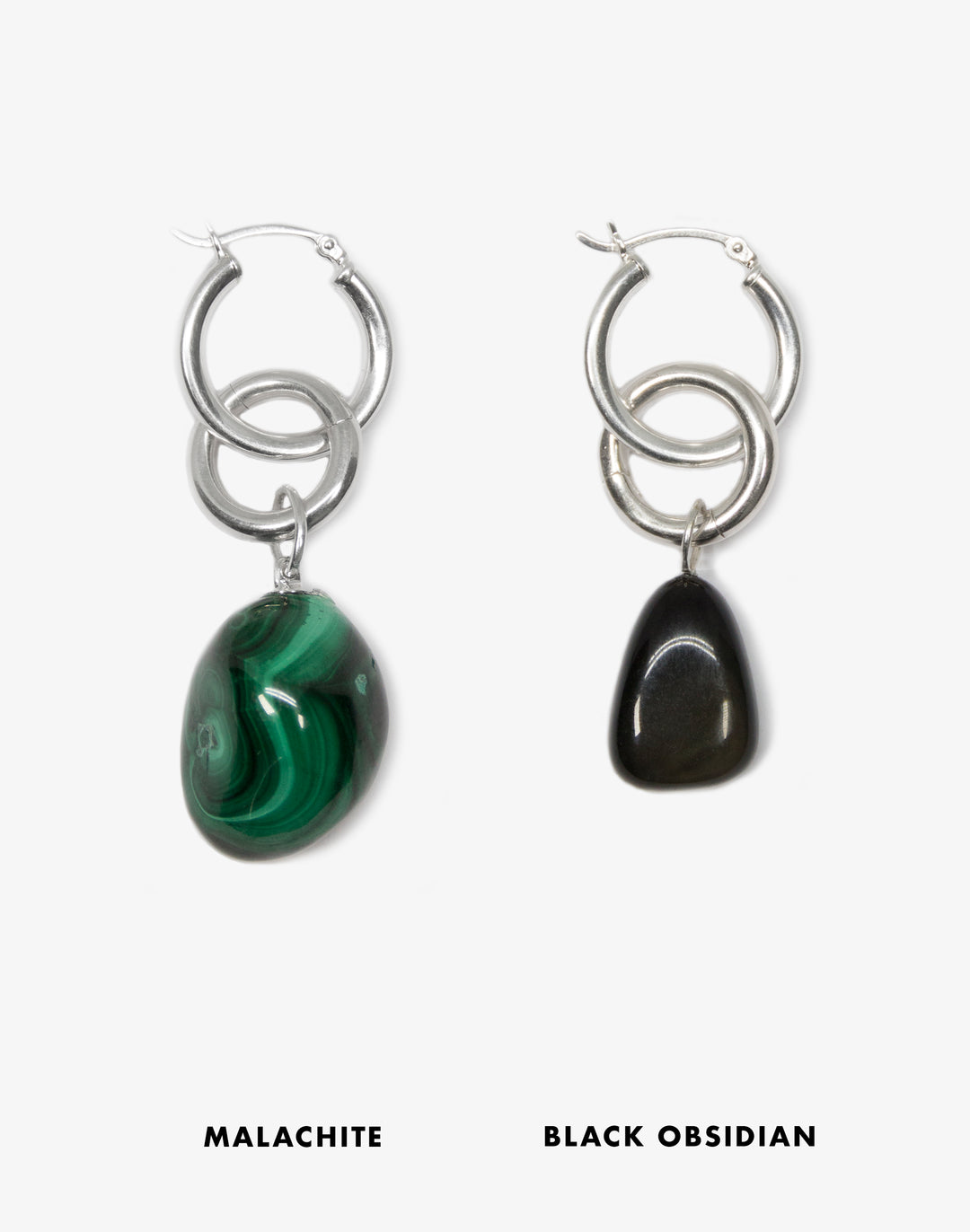 llayers Silver Malachite Black Obsidian stone hoops earrings Made in Brooklyn New York