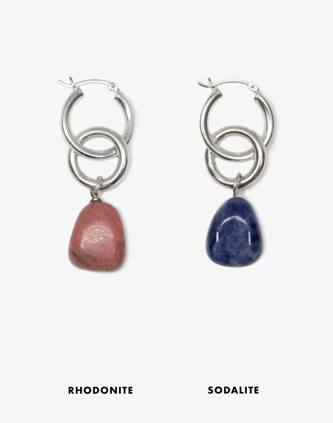 llayers Silver Rhodonite Sodalite stone hoops earrings Made in Brooklyn New York