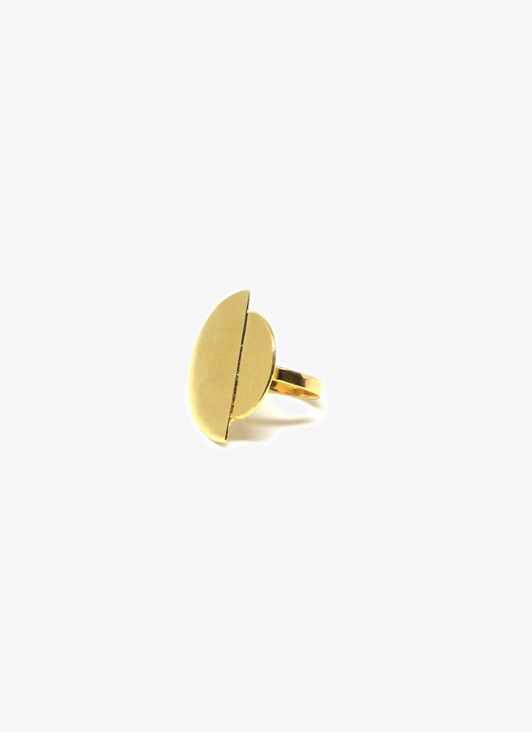 Gold moon statement ring. Minimalist modern jewelry handcrafted in Brooklyn New York by designer llayers. Eclipse.