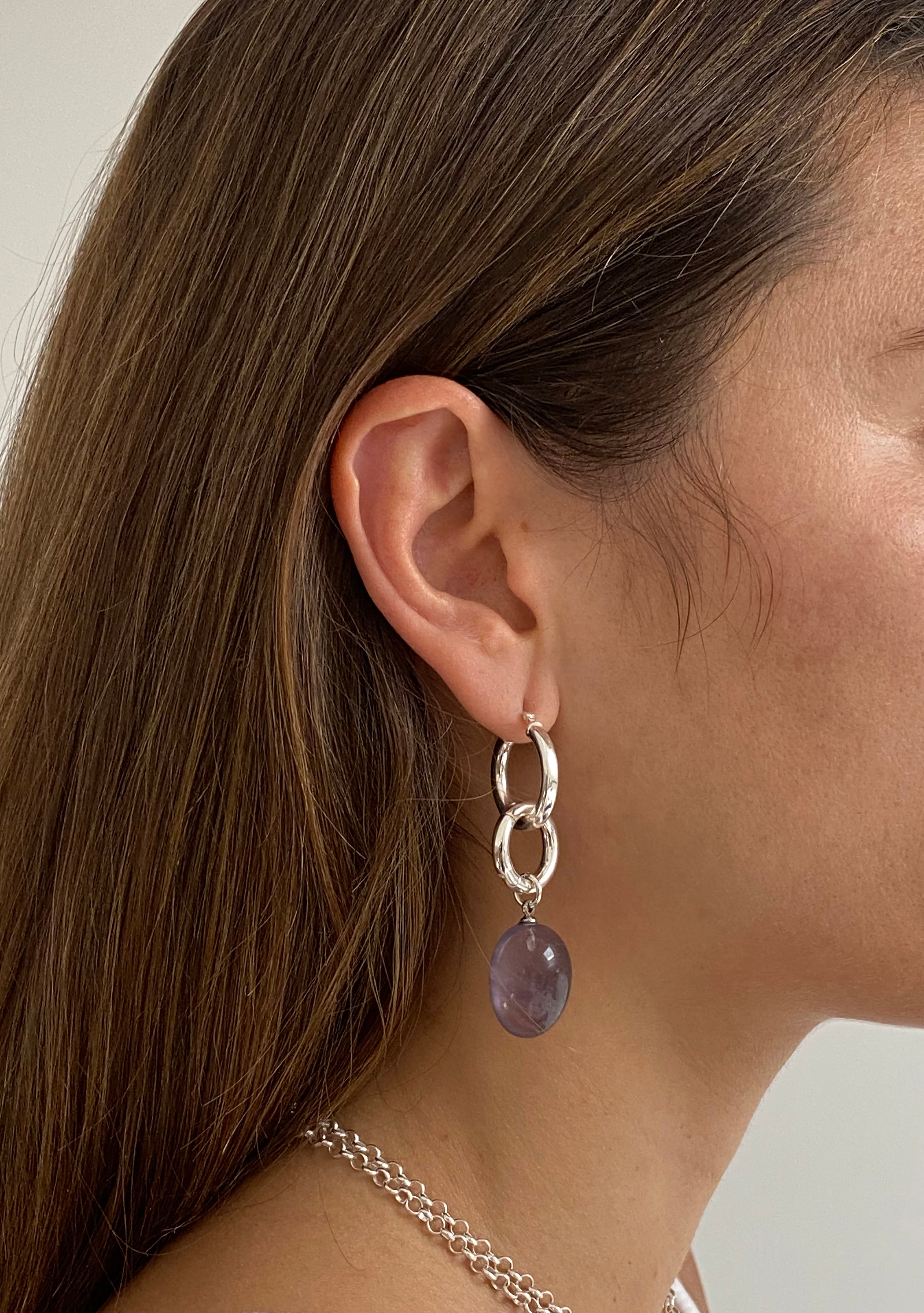 llayers minimal Silver Fluorite stone hoops earrings Made in Brooklyn New York