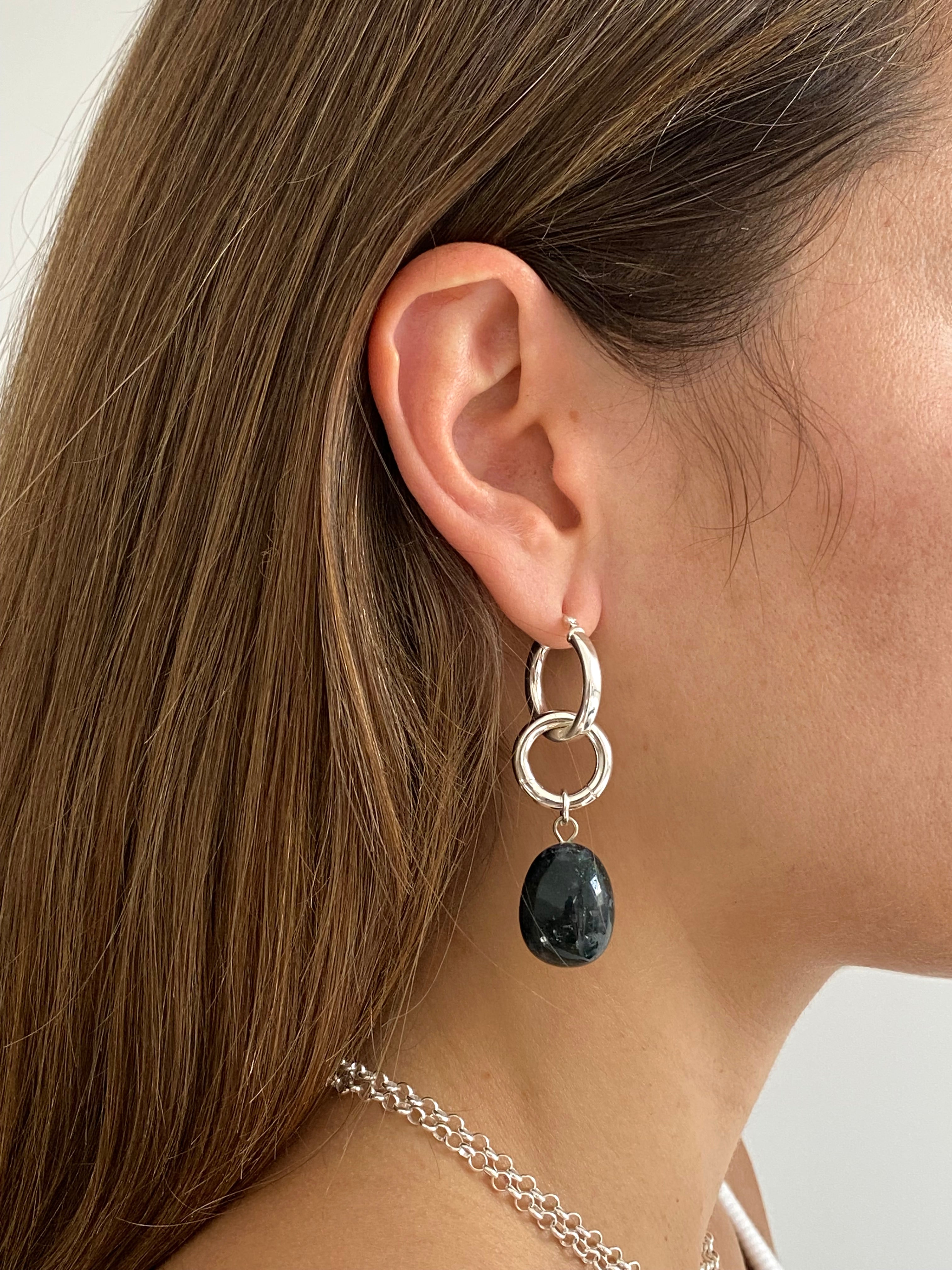 llayers minimal Silver Moss Agate stone hoops earrings Made in Brooklyn New York