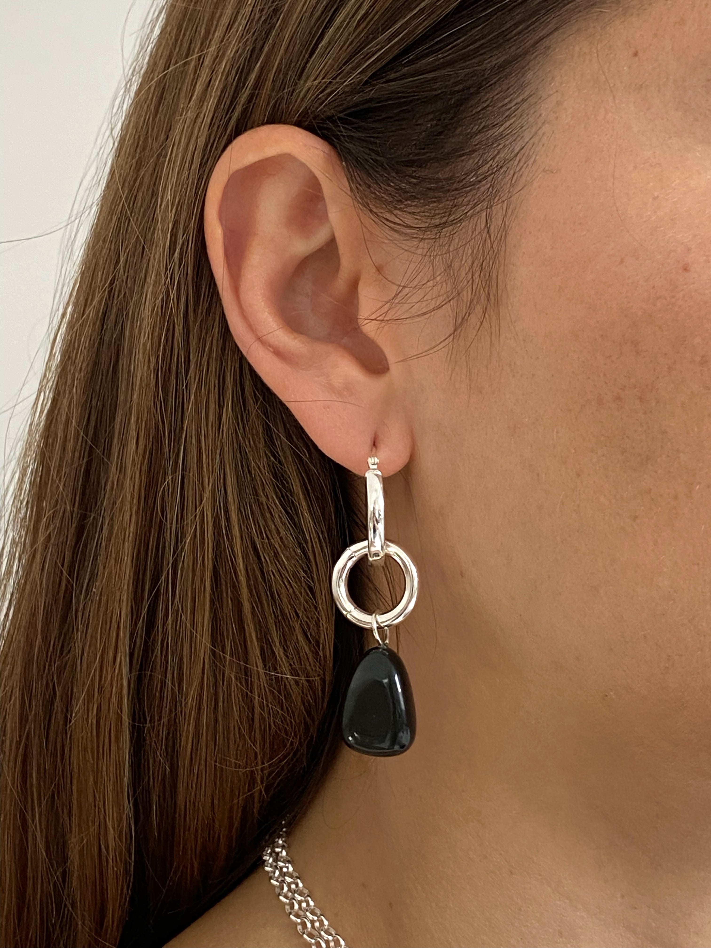 llayers minimal Silver black obsidian stone hoops earrings Made in Brooklyn New York