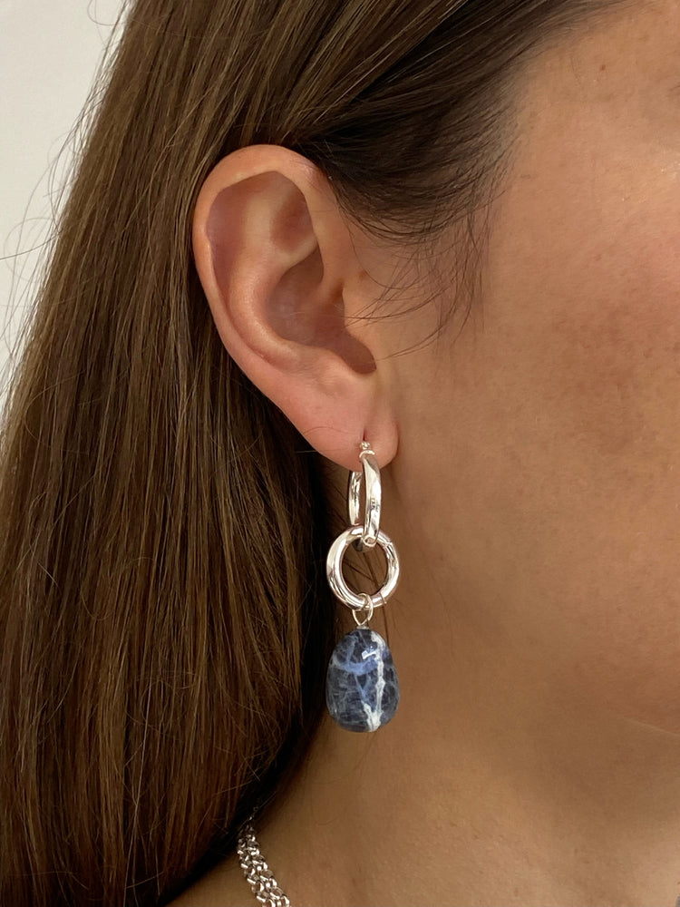 llayers minimal Silver sodalite stone hoops earrings Made in Brooklyn New York
