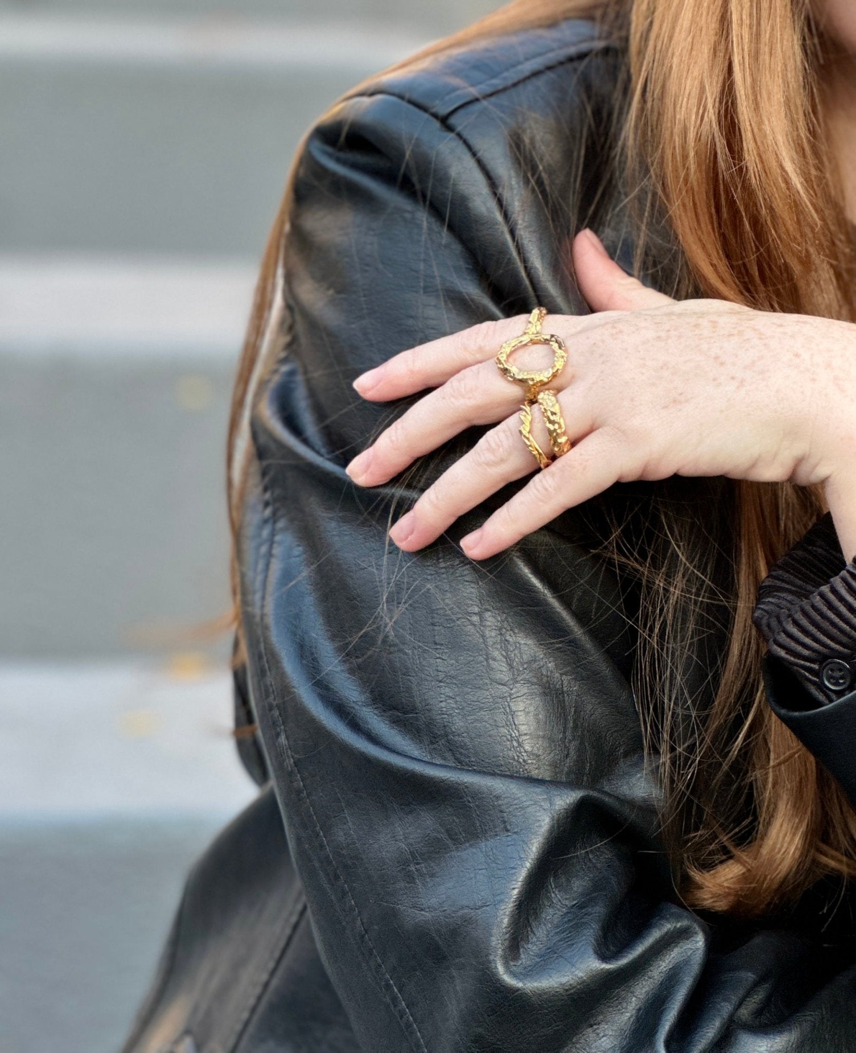 Women Gold textured ring Luna. Modern minimalist jewelry made in Brooklyn New York by llayers.