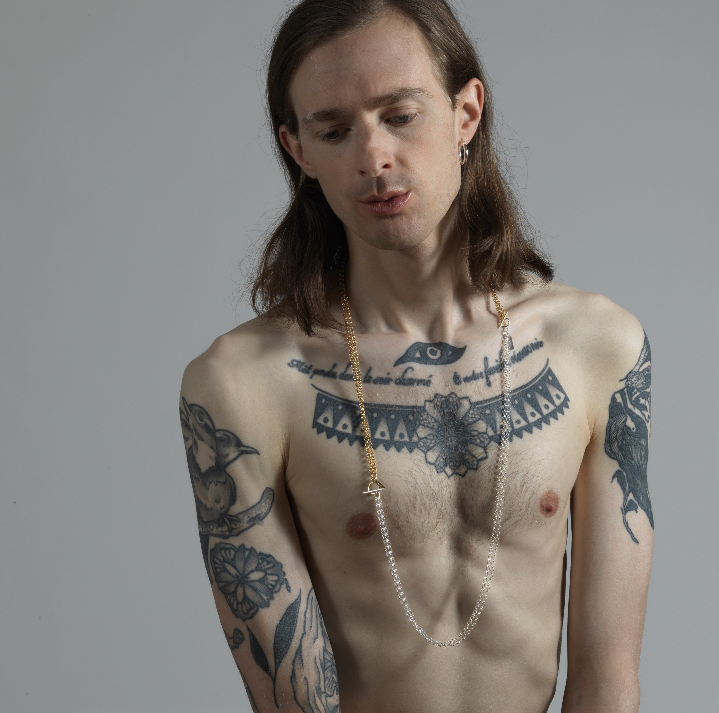 men minimalist gold chain necklace in Brookyn New York double row minimalist by designer llayers unisex jewelry