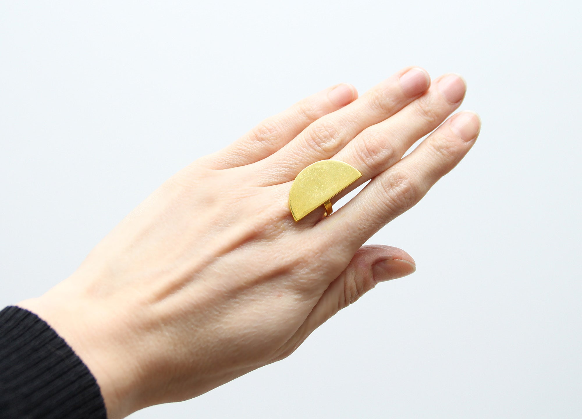 minimalist gold moon crescent quarter ring in brooklyn new york by llayers jewelry