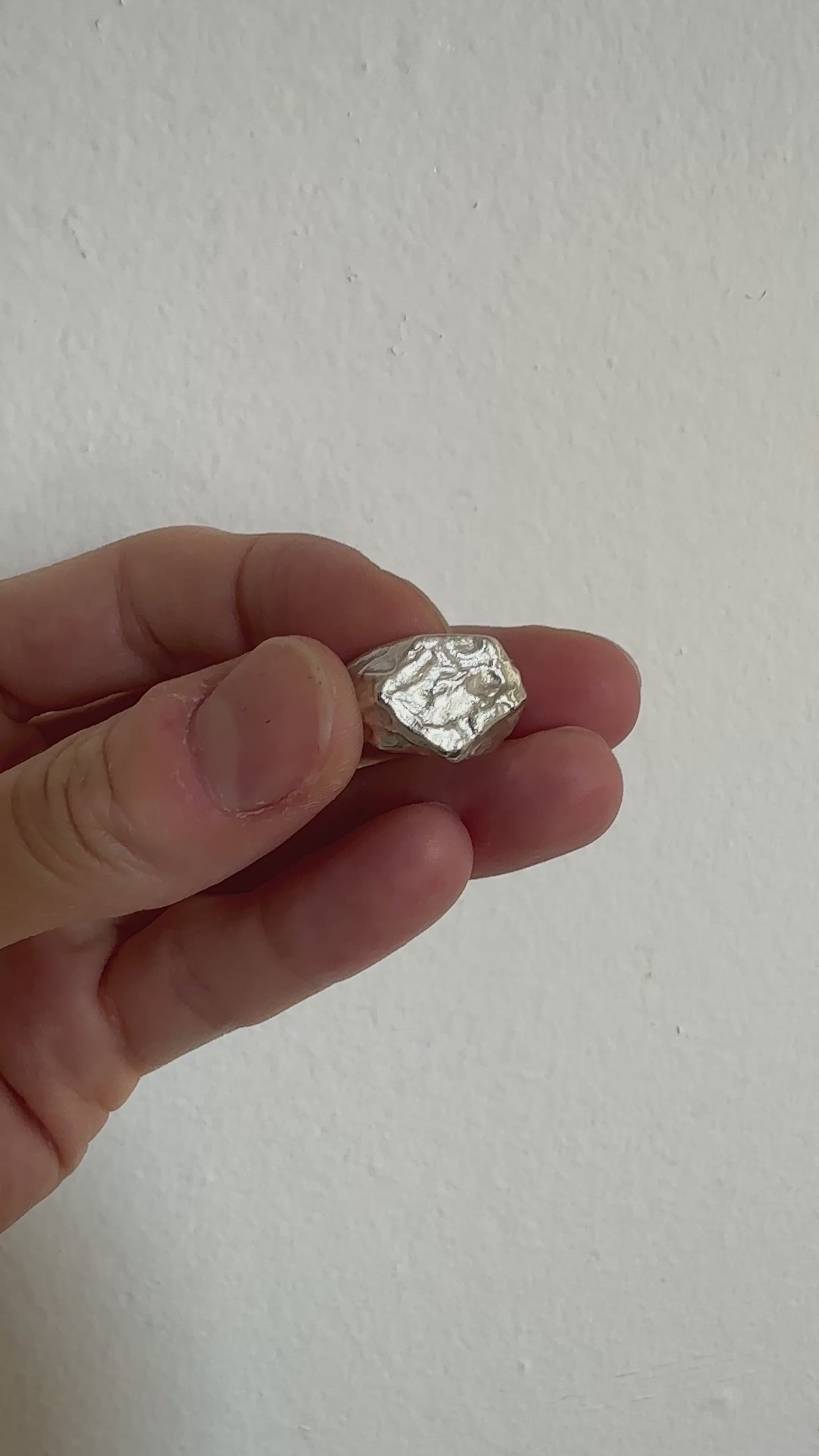 silver hexagonal signet ring molten inspired texture. Minimal unisex jewelry by llayers.