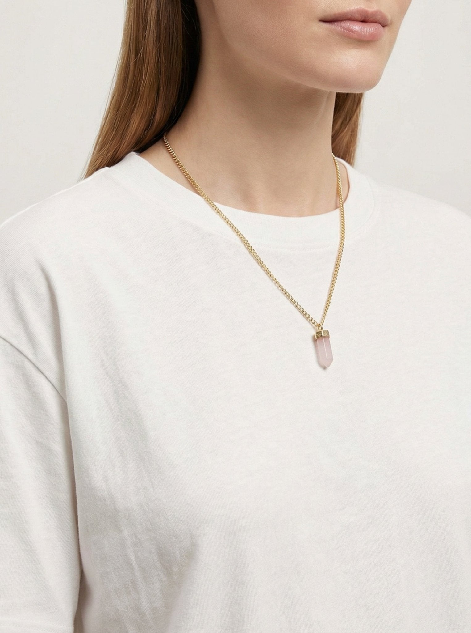 Rose quartz point gold pendant necklace. Minimalist jewelry made in Brooklyn New York by llayers.