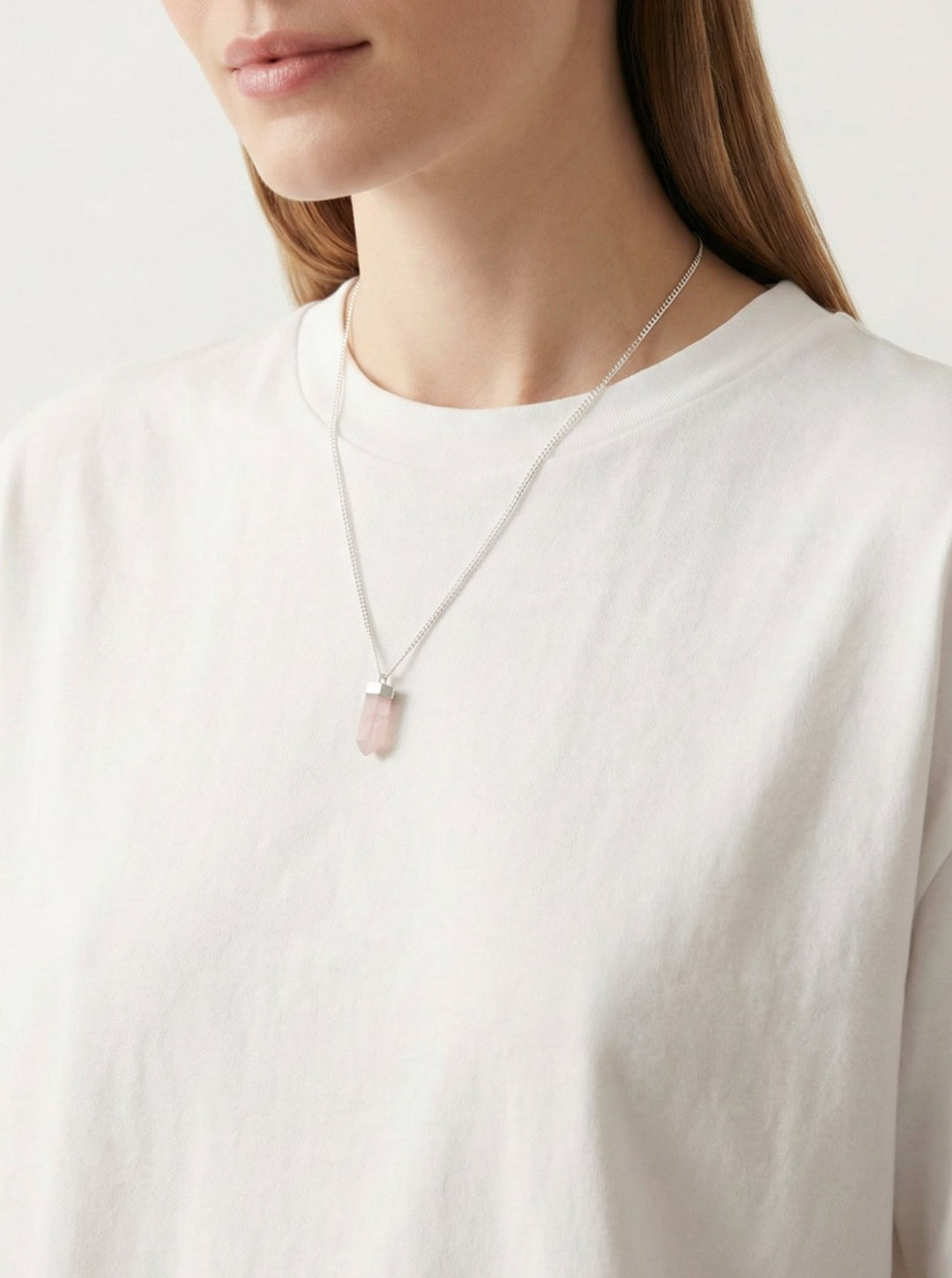 Silver Rose quartz point pendant necklace. Charms and healing crystal stones jewelry, made in Brooklyn New York by llayers.