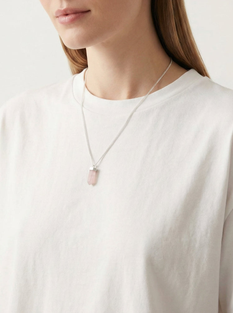 Silver Rose quartz point pendant necklace. Charms and healing crystal stones jewelry, made in Brooklyn New York by llayers.