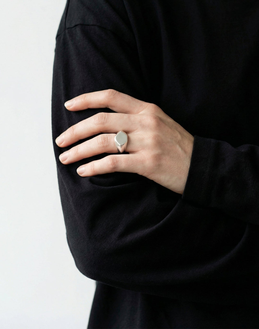women's minimalist silver hexagonal signet ring in New York by designer  llayers