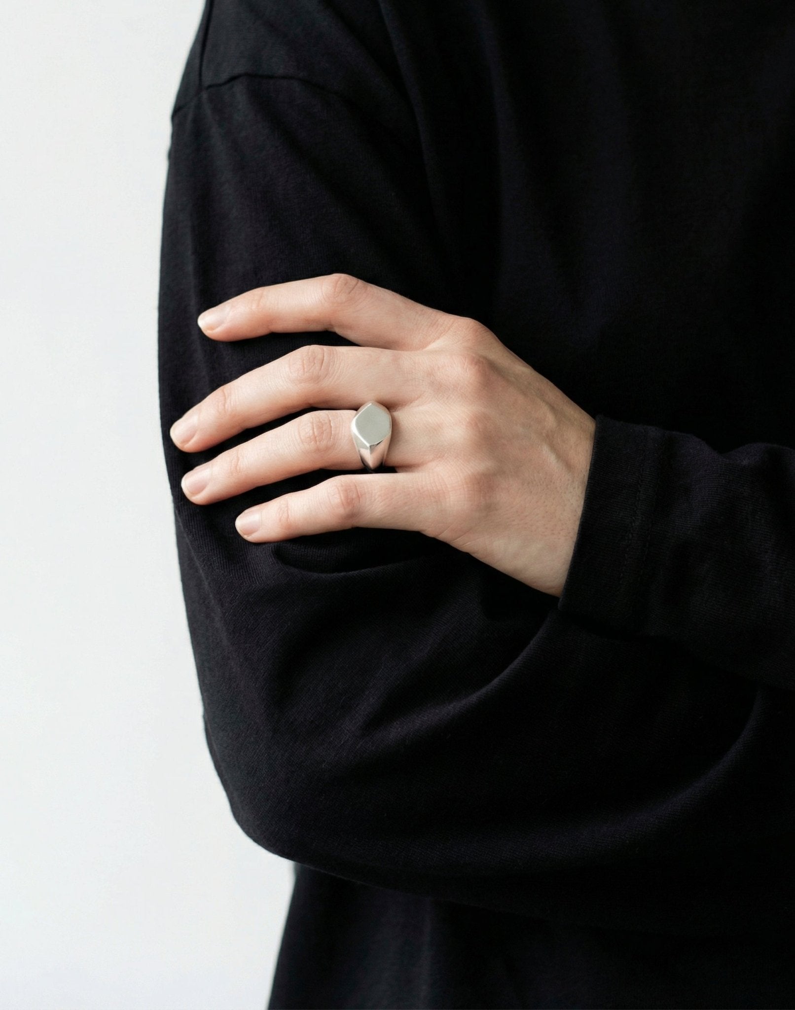 women's minimalist silver hexagonal signet ring in New York by designer  llayers