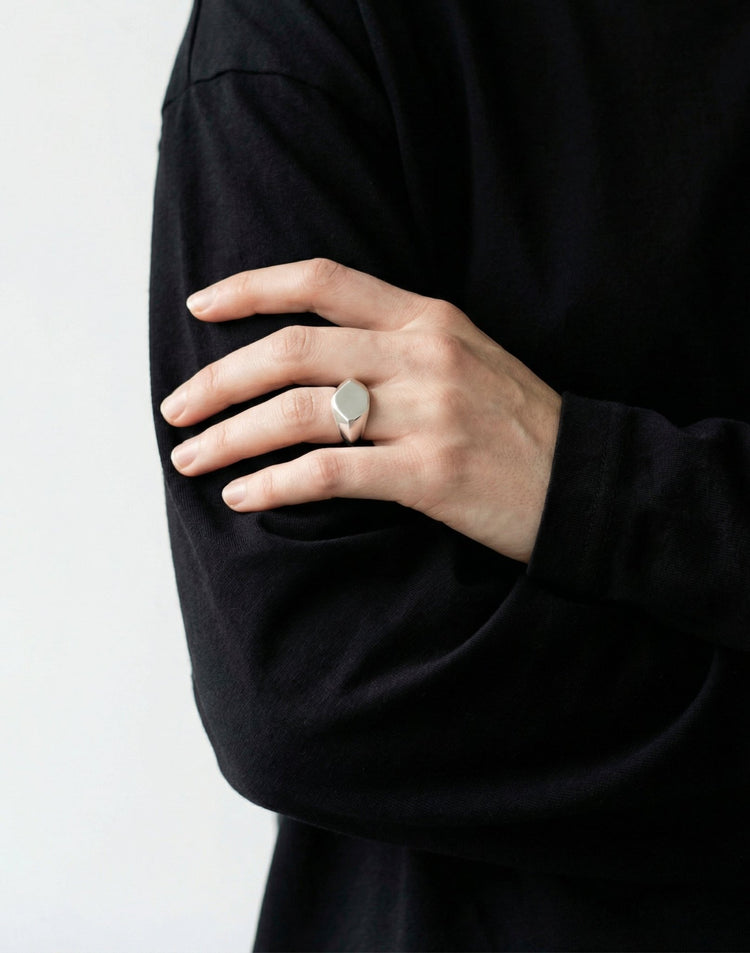 women's minimalist silver hexagonal signet ring in New York by designer  llayers