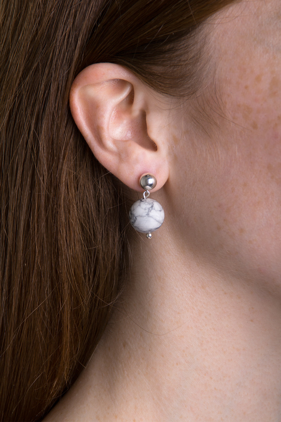 silver stone earrings orbit made in new york brookyln by llayers jewelry marble howlite 