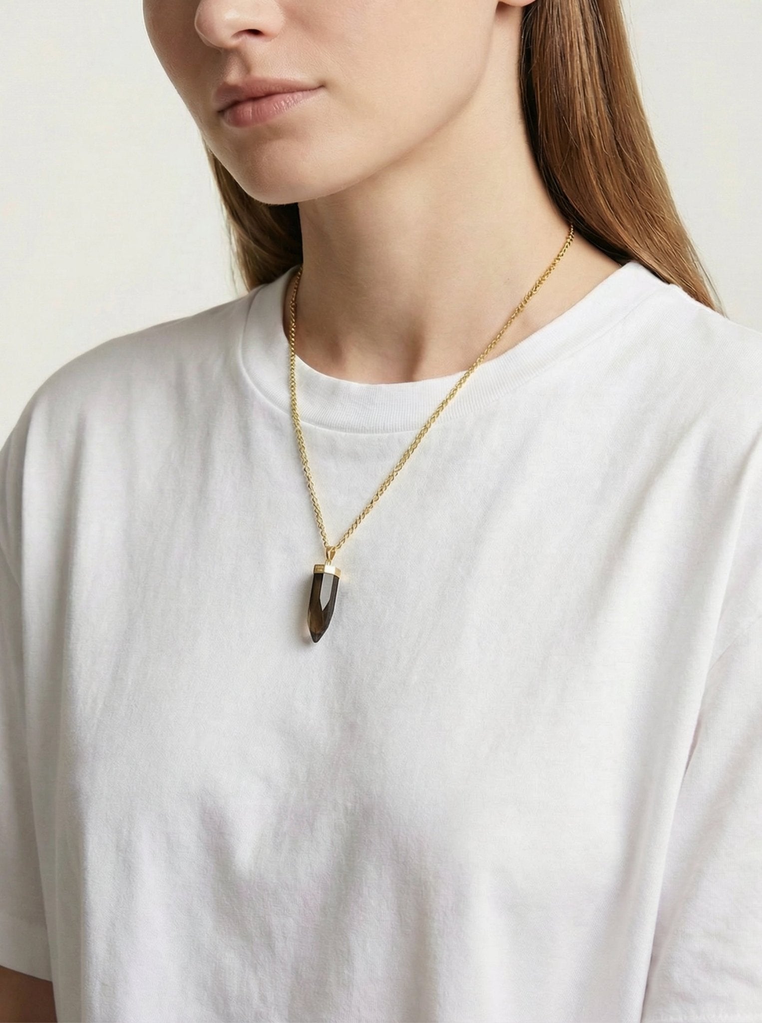 Smoky quartz point pendant gold necklace. Charms and healing crystal stones jewelry, made in Brooklyn New York by llayers.