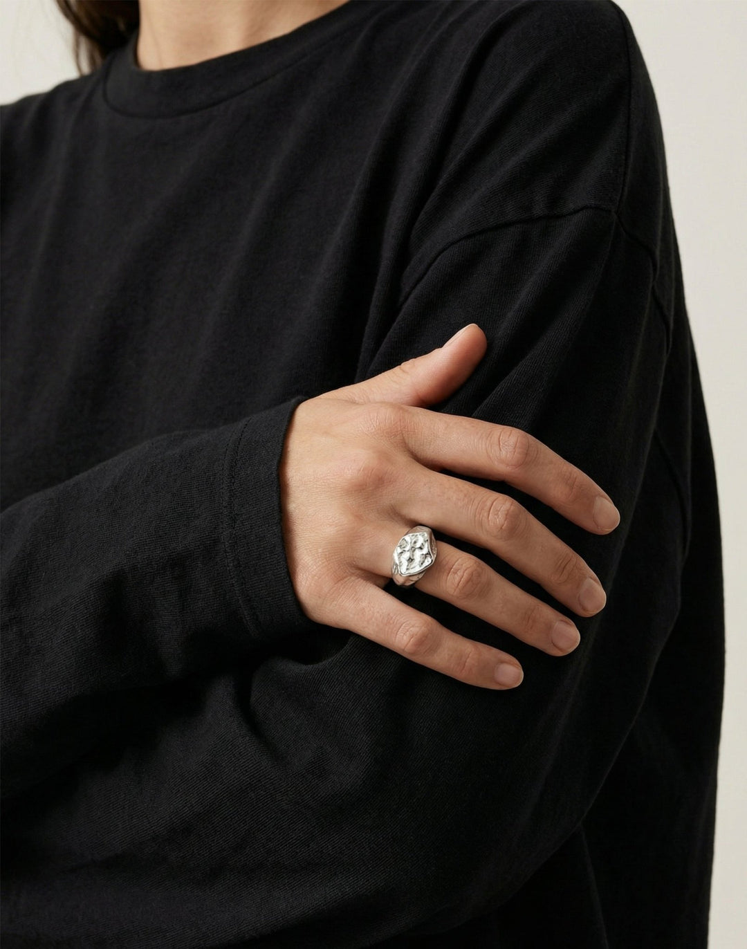 designer silver hexagonal signet ring molten inspired texture. Made in New York by llayers.