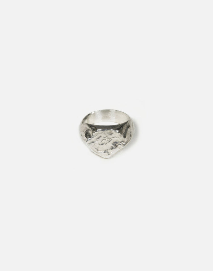 silver hexagonal signet ring molten inspired texture. Made in New York by llayers.