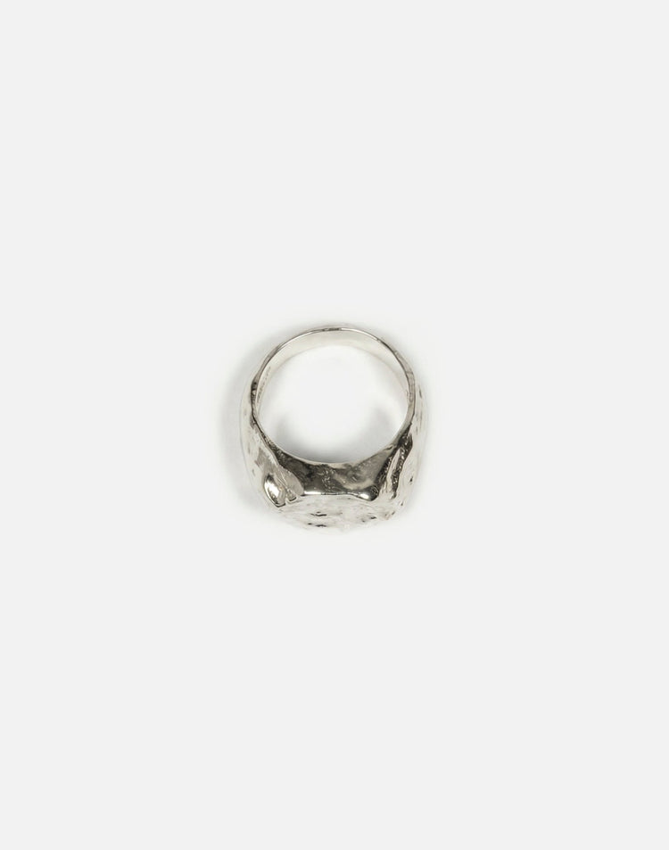 silver hexagonal signet ring molten inspired texture. Made in New York by llayers.