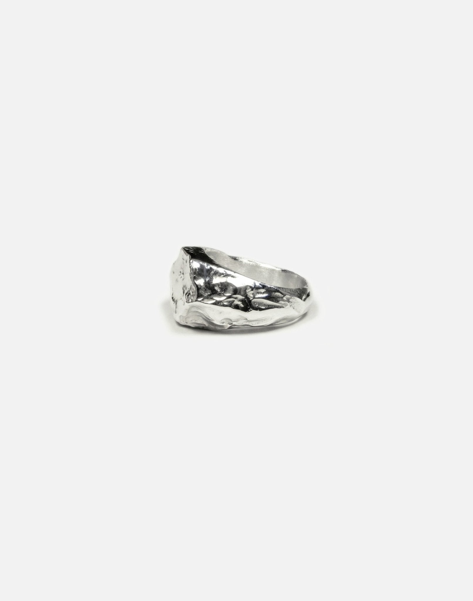 women's silver hexagonal signet ring molten inspired texture. Made in New York by llayers.