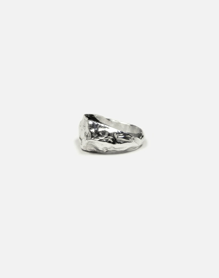 women's silver hexagonal signet ring molten inspired texture. Made in New York by llayers.