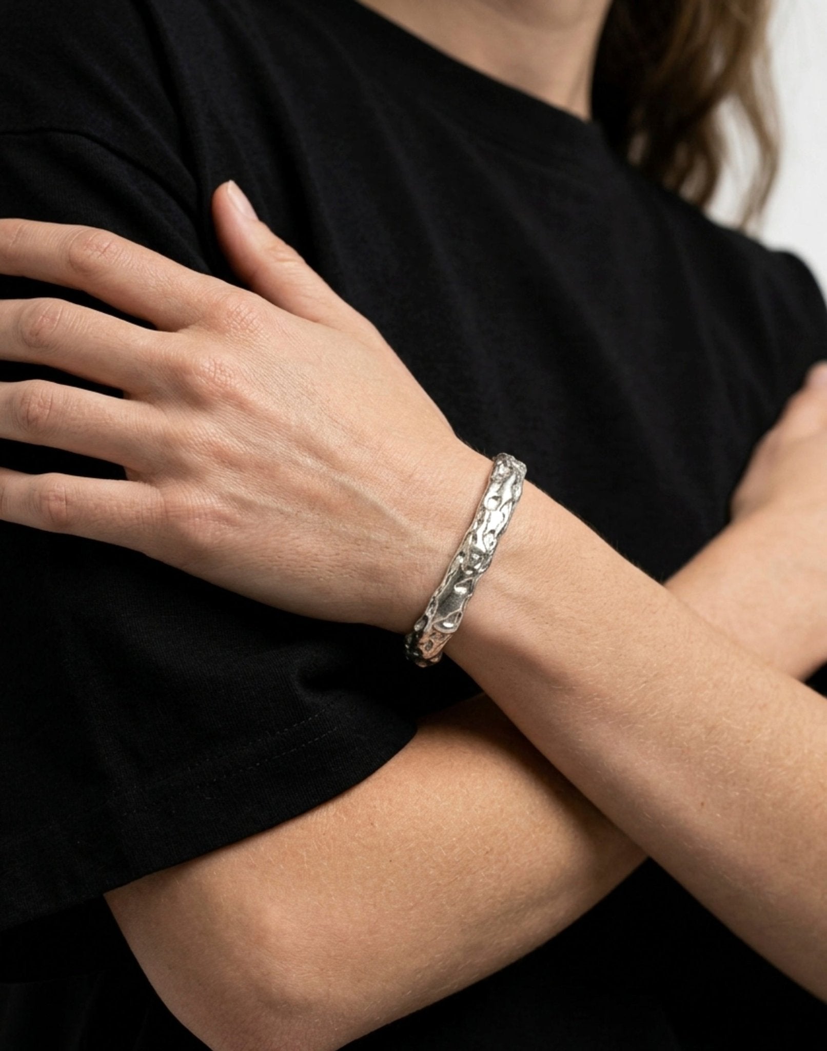 women's sterling silver sculptural molten cuff bracelet in New York