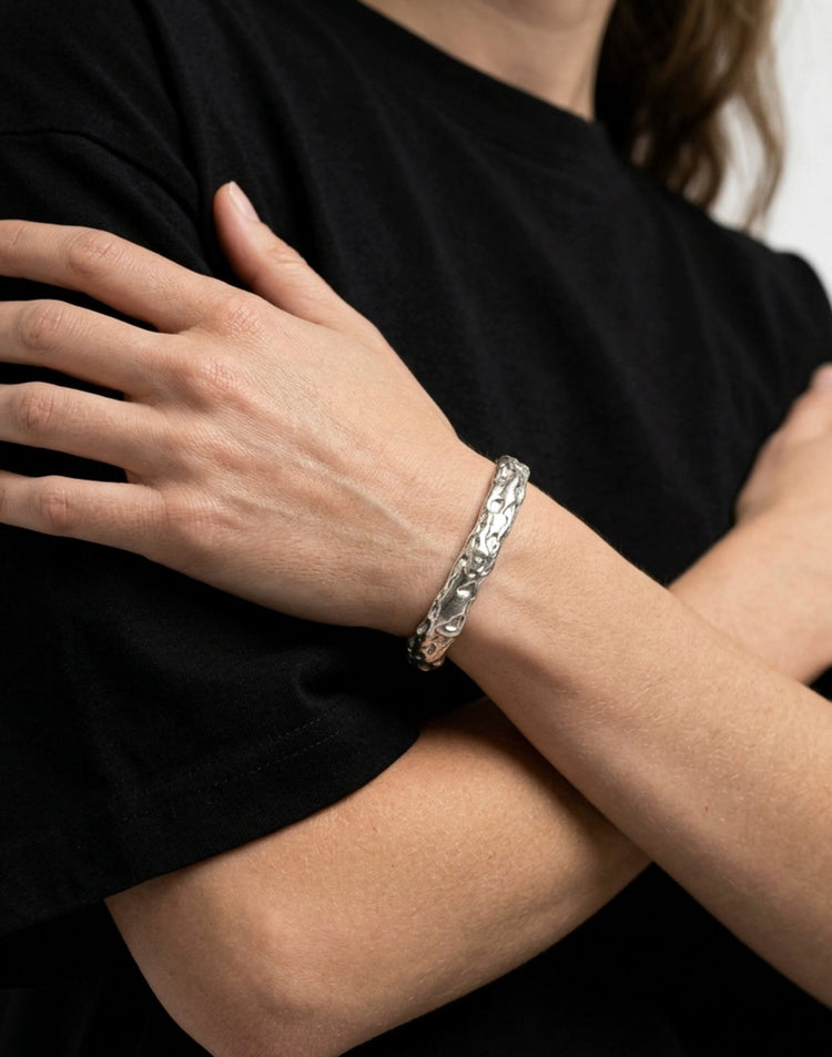women's sterling silver sculptural molten cuff bracelet in New York