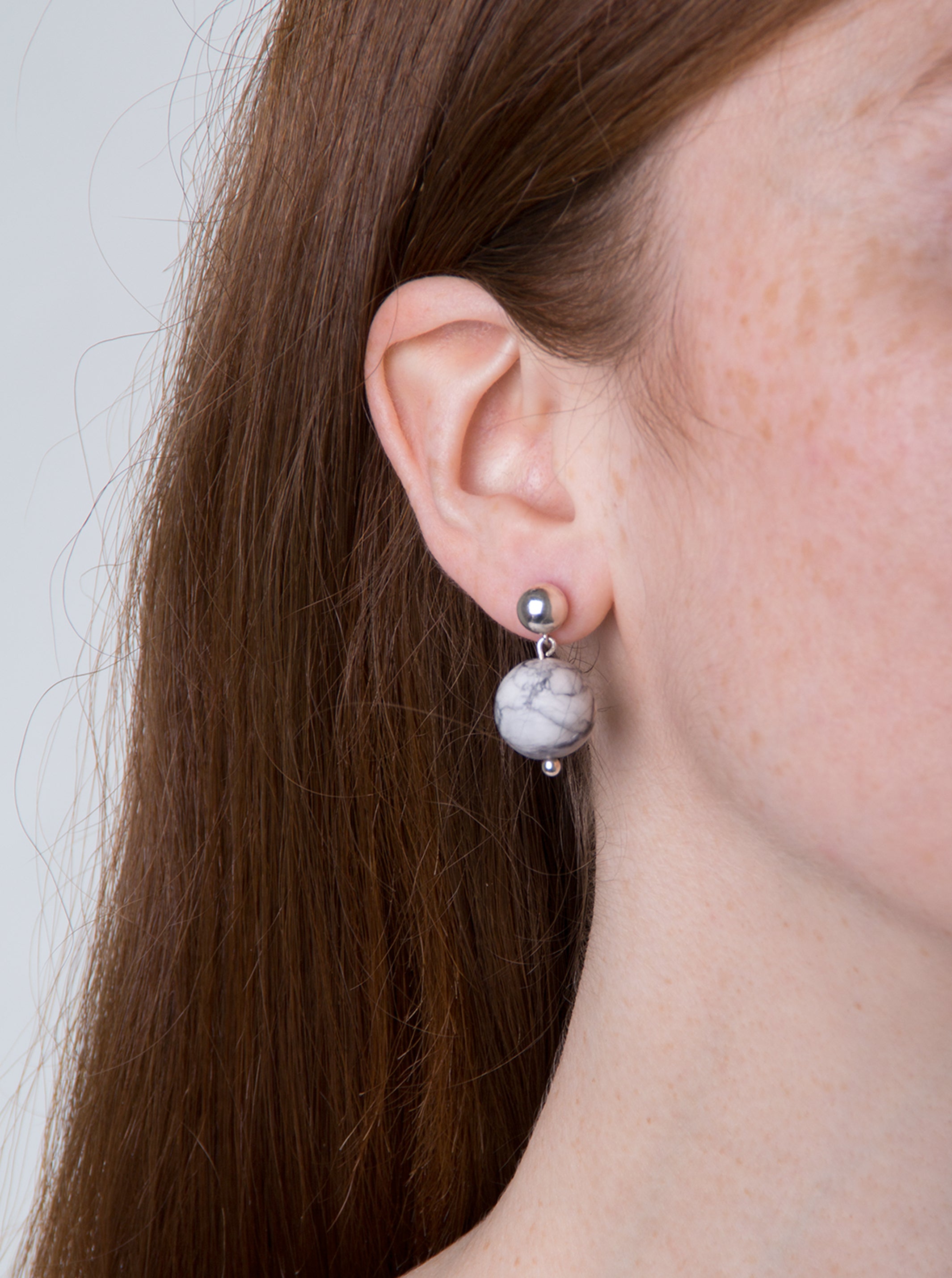 stone earrings orbit made in new york brookyln by llayers jewelry silver marble howlite 