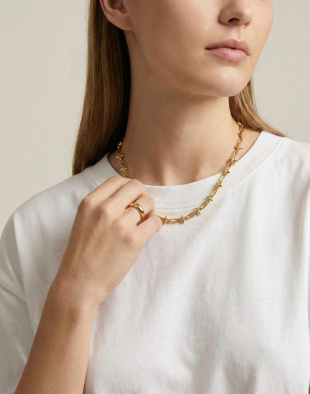Small spike gold brass chain necklace. Modern unisex jewelry handmade in Brooklyn, New York by llayers.