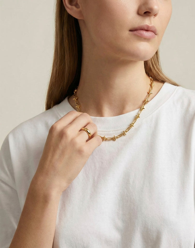 Small spike gold brass chain necklace. Modern unisex jewelry handmade in Brooklyn, New York by llayers.