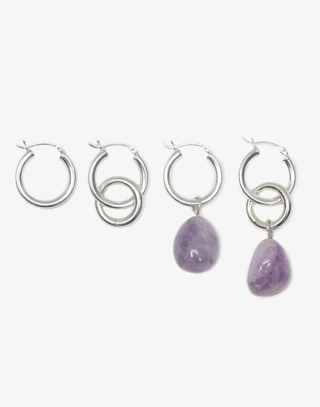 Silver hoop earrings Amethyst stone in Brooklyn New York designer jewelry by llayers men women Swing