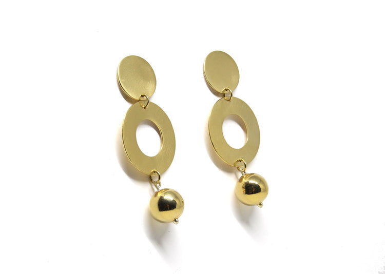 dangling gold plated sphere earrings satellite by llayers jewelry in Brooklyn New York