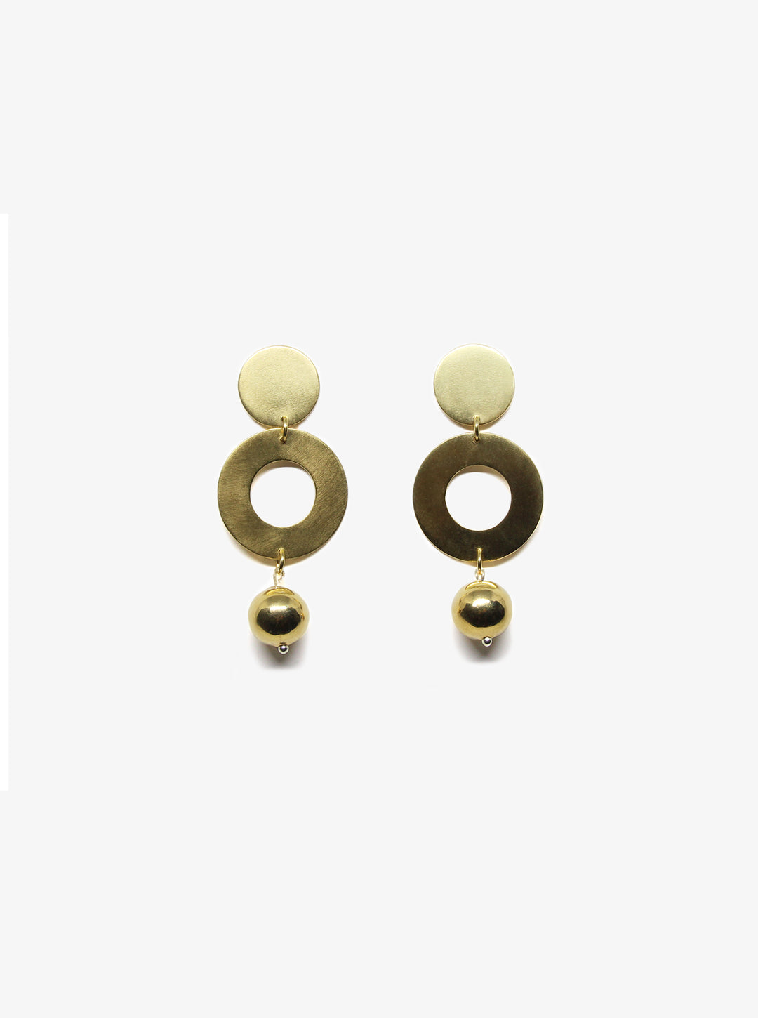 dangly gold plated sphere earrings satellite by llayers jewelry in Brooklyn New York